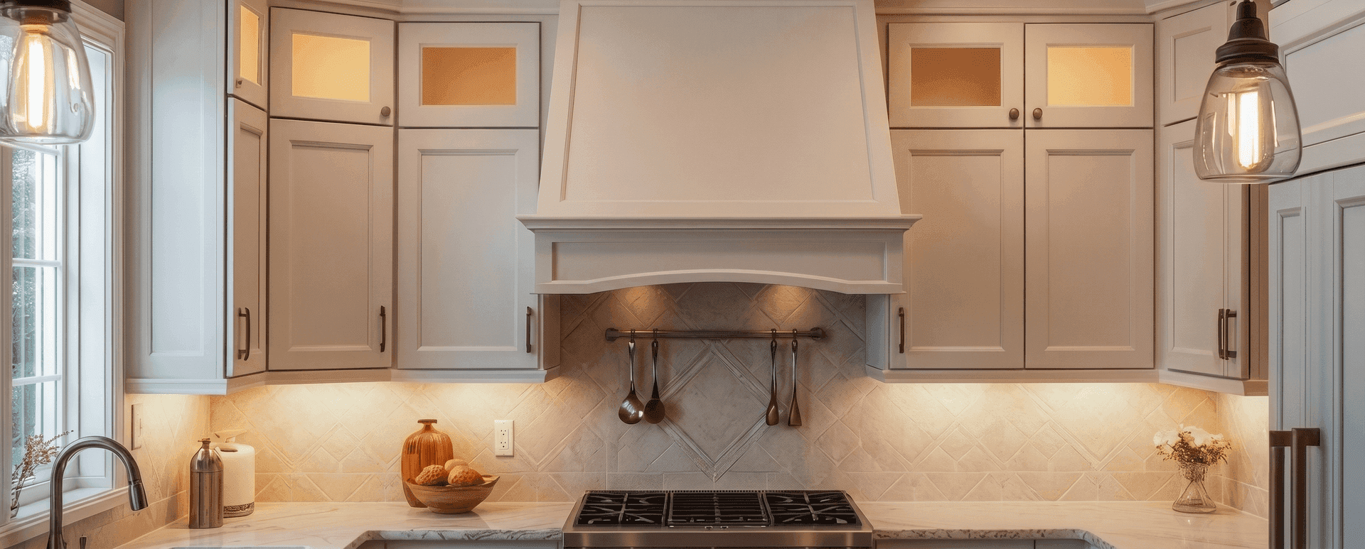 Luxury finished kitchen interior with warm lighting, white cabinets, marble countertops