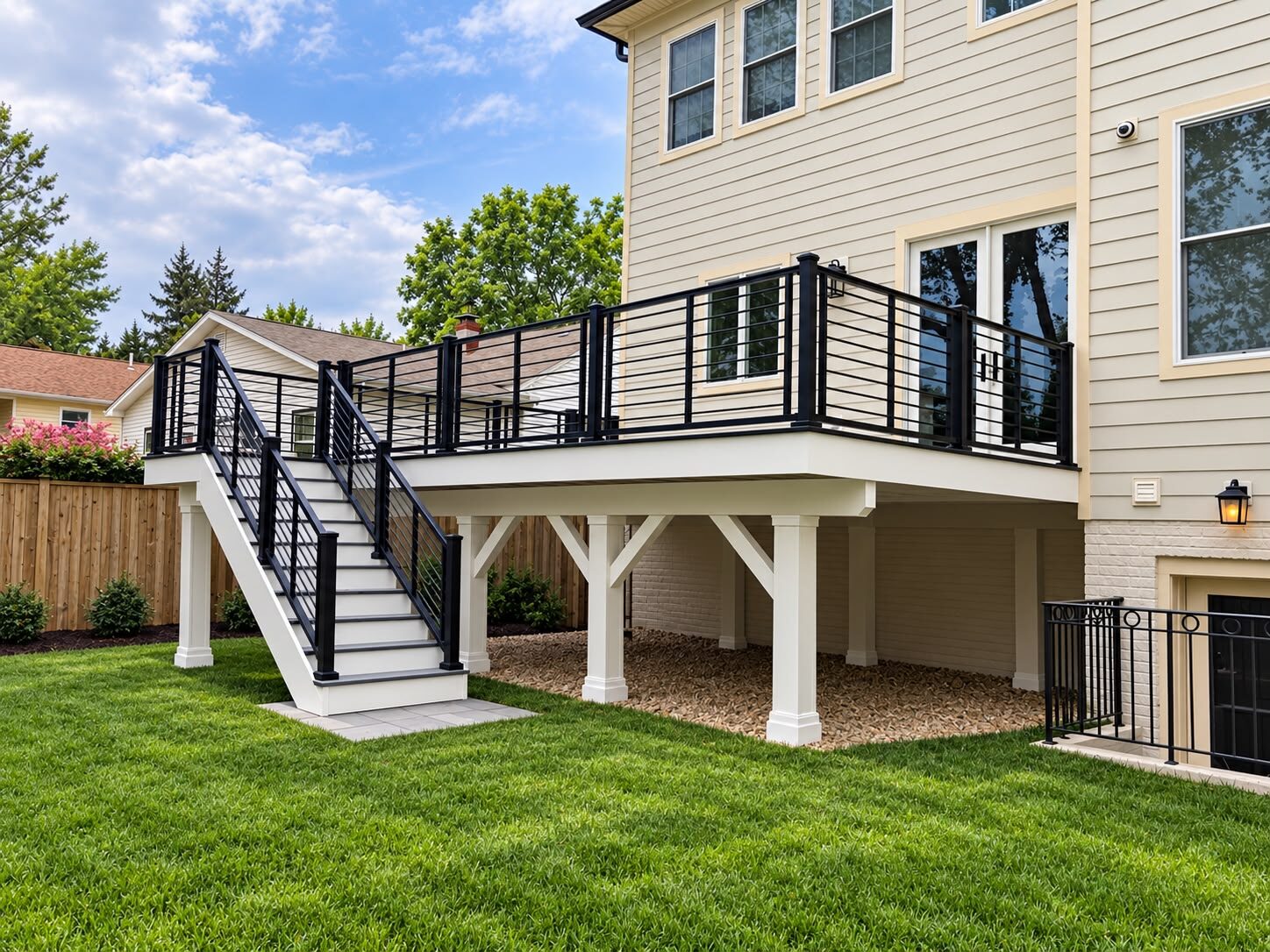 Two-story home exterior with white deck, garden bench, and landscaping