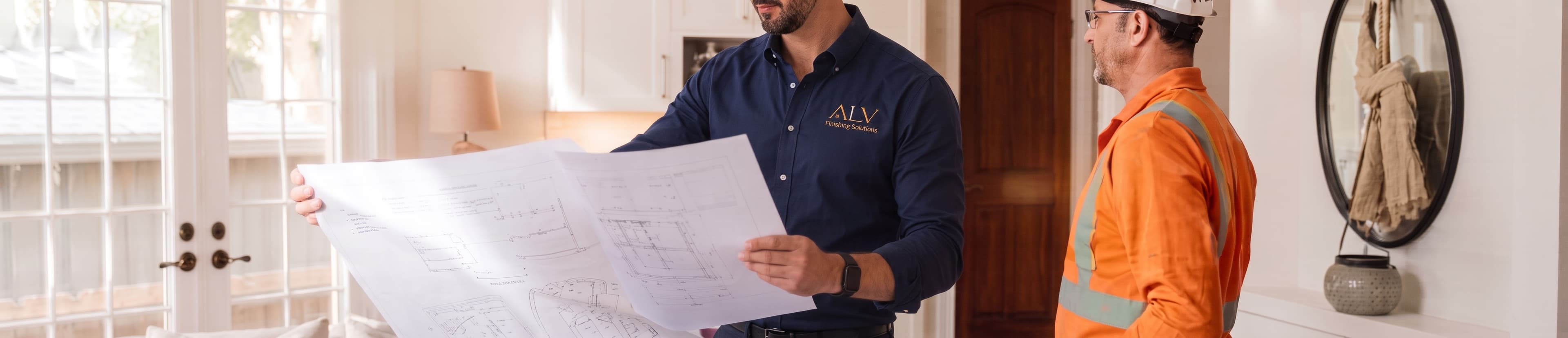 Contractor reviewing renovation plans in a beautifully remodeled home