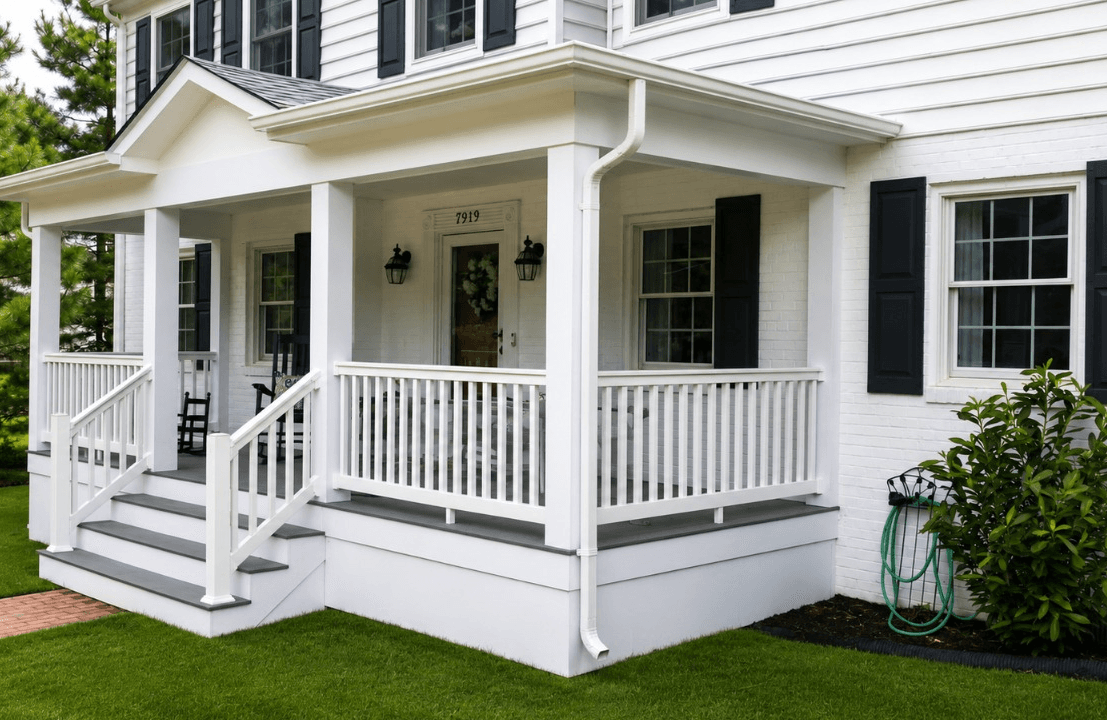 Custom composite deck construction, black railings, sunny residential backyard